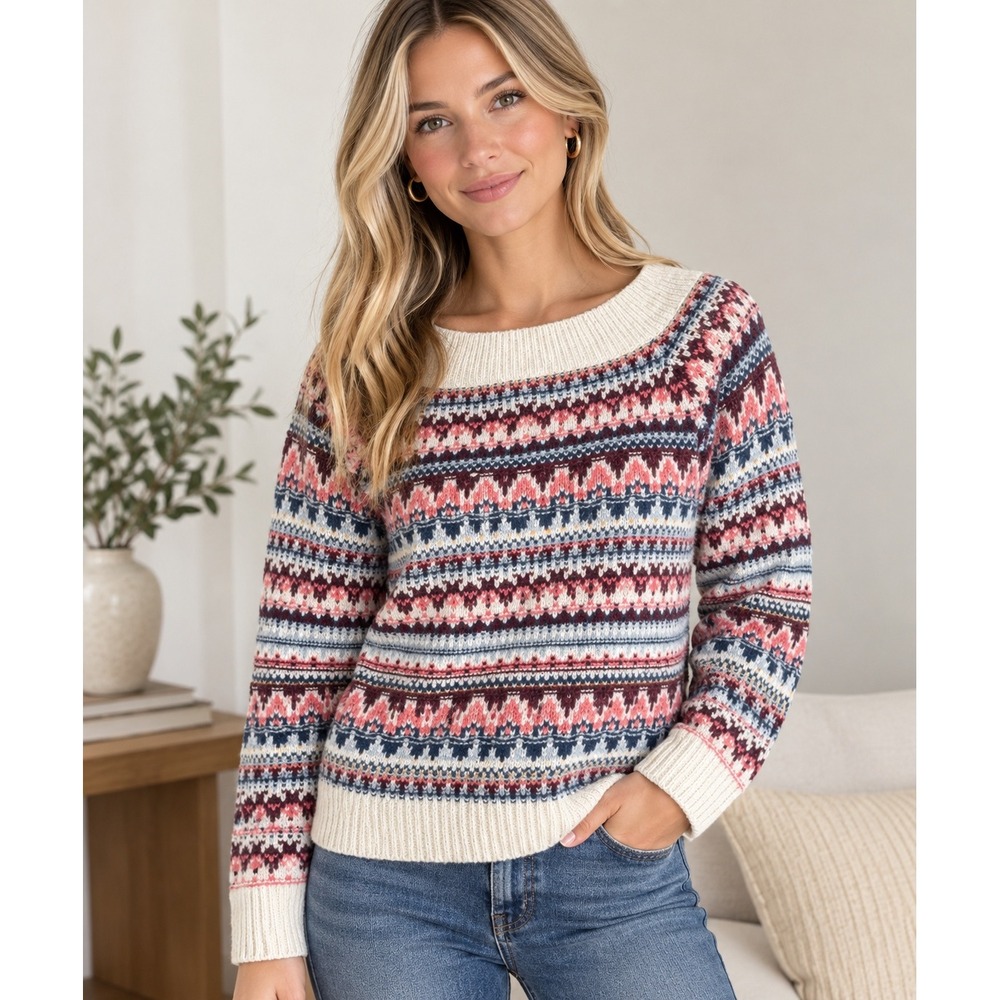 Abercrombie & Fitch Womens Fair Isle Off The Shoulder Sweater Cream Pink Small